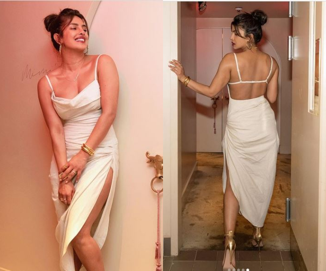 पतली स्ट्रैप्स, हाई स्लिट, व्हाइट सिल्क ड्रेस में बेहद हॉट नजर आईं प्रियंका चोपड़ा, देखें तस्वीरें  